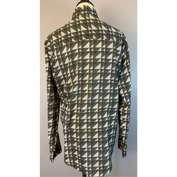 Vtg 70s Geometric Abstract Pointillism Button Front Disco Shirt Dagger Collar LG - Picture 9 of 10